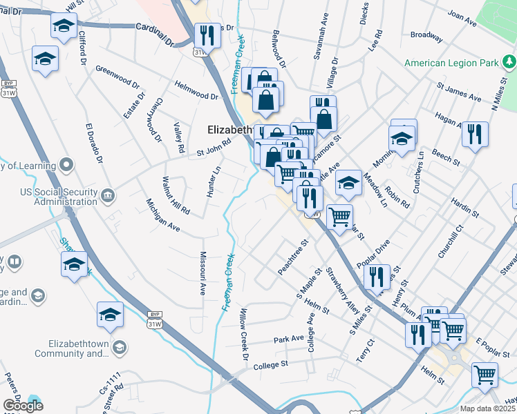map of restaurants, bars, coffee shops, grocery stores, and more near 523-599 Washington Street in Elizabethtown