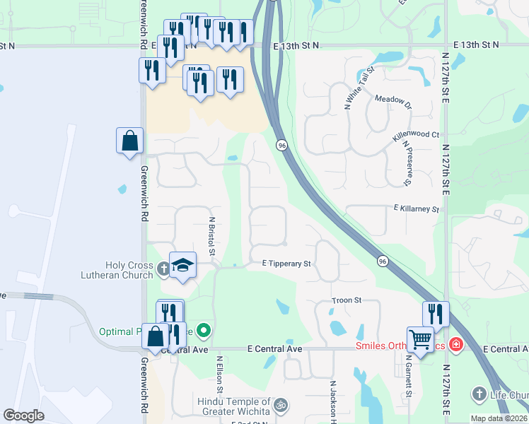 map of restaurants, bars, coffee shops, grocery stores, and more near 11824 East Killarney Street in Wichita