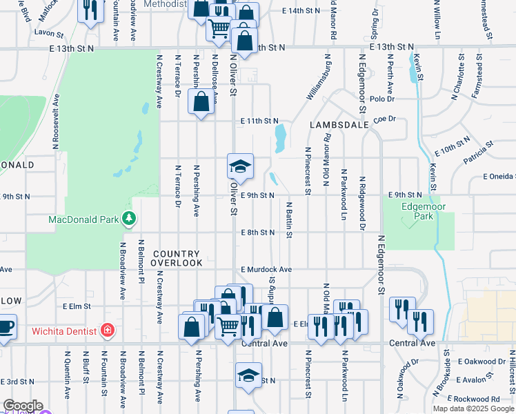 map of restaurants, bars, coffee shops, grocery stores, and more near 1002 Oliver in Wichita
