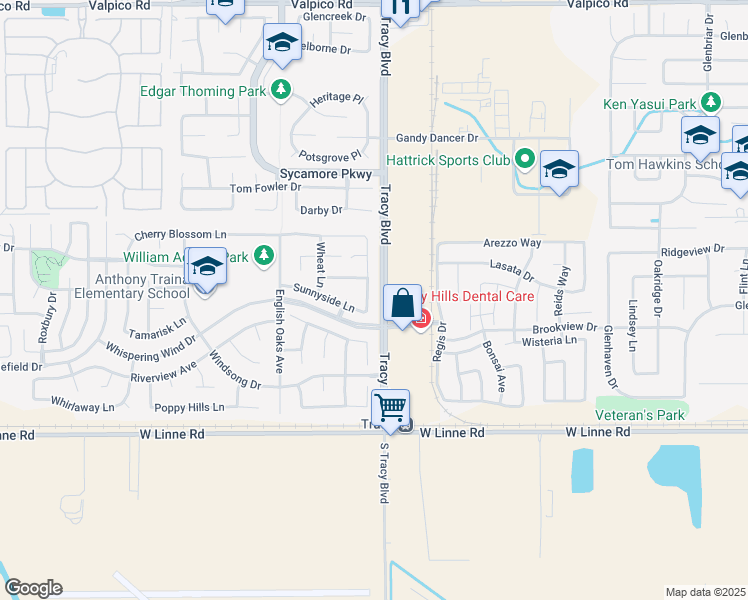 map of restaurants, bars, coffee shops, grocery stores, and more near 4240 Crepe Myrtle Lane in Tracy