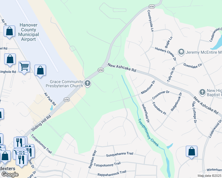 map of restaurants, bars, coffee shops, grocery stores, and more near 9564 Winnepeg Court in Mechanicsville