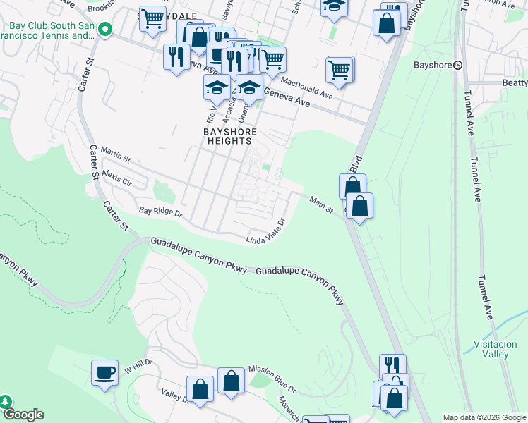 map of restaurants, bars, coffee shops, grocery stores, and more near 1 Martin Street in Daly City