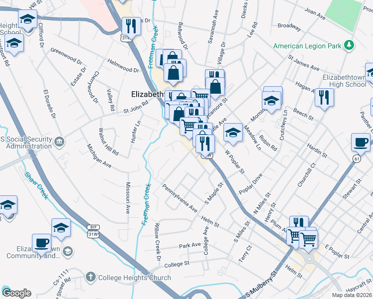 map of restaurants, bars, coffee shops, grocery stores, and more near 510A Washington Street in Elizabethtown