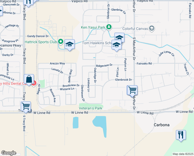 map of restaurants, bars, coffee shops, grocery stores, and more near 4276 Oakridge Drive in Tracy