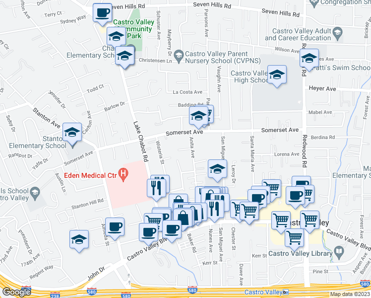 map of restaurants, bars, coffee shops, grocery stores, and more near 3280 Anita Court in Castro Valley