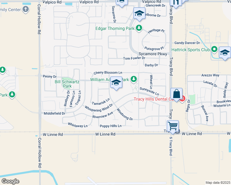 map of restaurants, bars, coffee shops, grocery stores, and more near 4256 Windsong Drive in Tracy