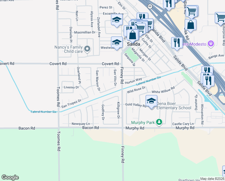 map of restaurants, bars, coffee shops, grocery stores, and more near 5008 San Felice Drive in Salida