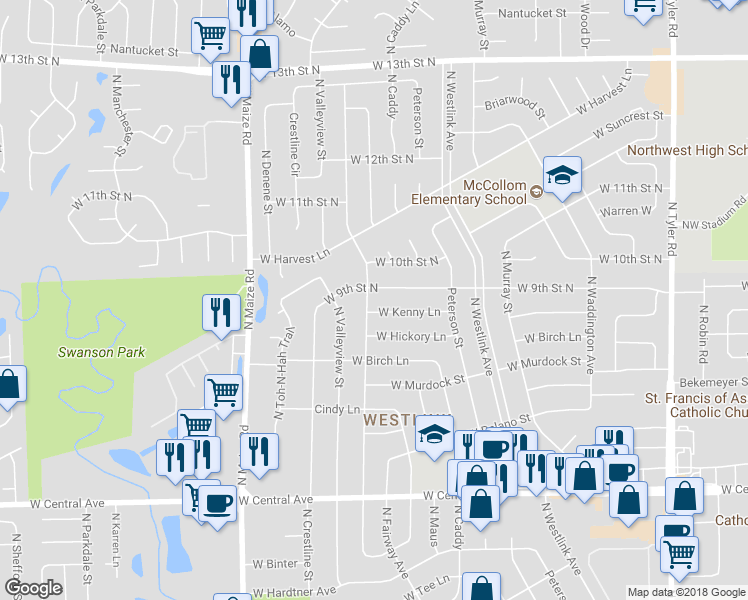 map of restaurants, bars, coffee shops, grocery stores, and more near 978 North Chipper Lane in Wichita
