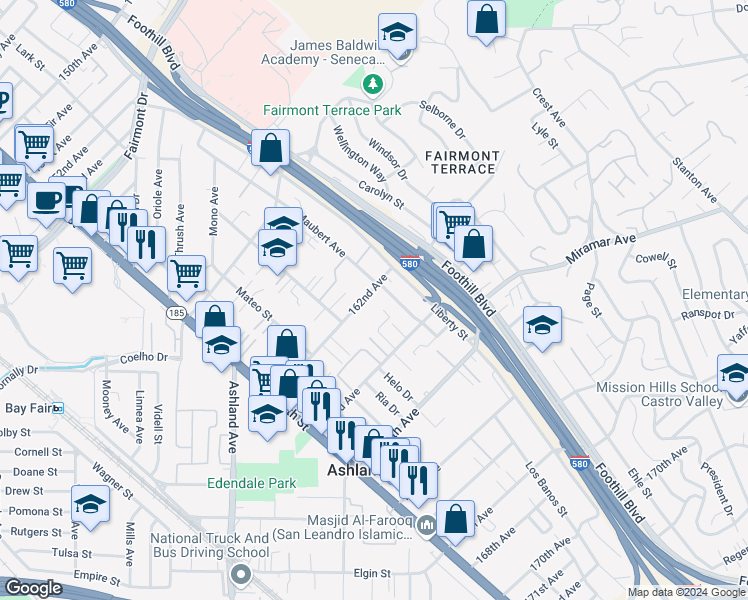 map of restaurants, bars, coffee shops, grocery stores, and more near 1672 162nd Avenue in San Leandro