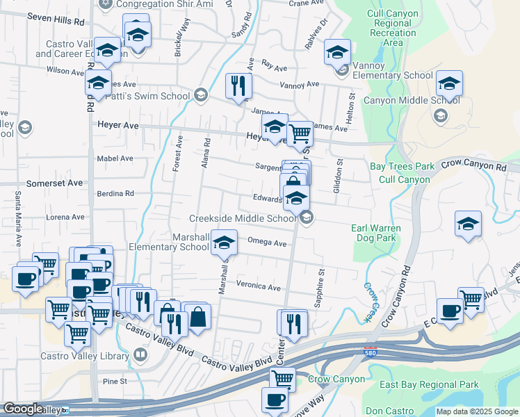 map of restaurants, bars, coffee shops, grocery stores, and more near 4314 Shamrock Way in Castro Valley