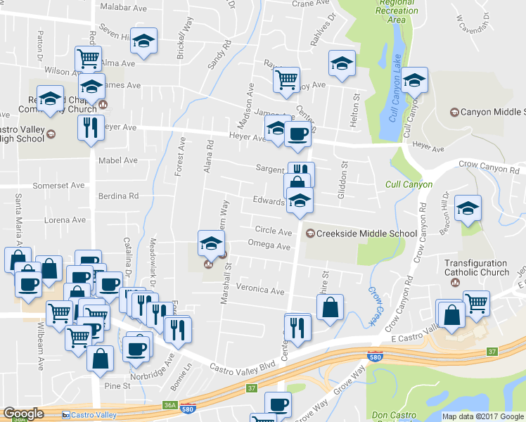 map of restaurants, bars, coffee shops, grocery stores, and more near 4314 Shamrock Way in Castro Valley