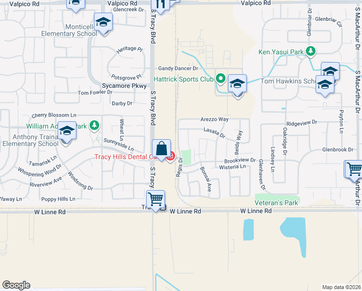 map of restaurants, bars, coffee shops, grocery stores, and more near 4192 Regis Drive in Tracy