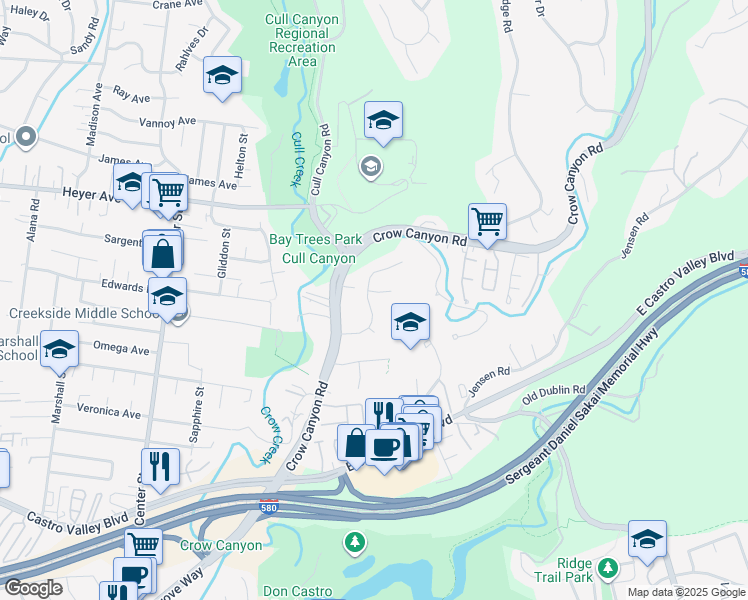 map of restaurants, bars, coffee shops, grocery stores, and more near 20410 Beacon Hill Court in Castro Valley