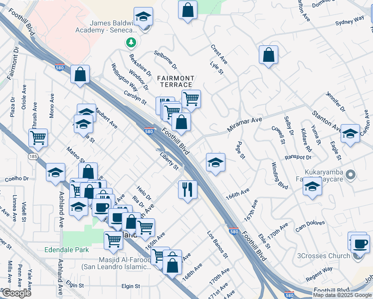 map of restaurants, bars, coffee shops, grocery stores, and more near 1960 Miramar Avenue in San Leandro
