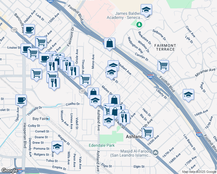 map of restaurants, bars, coffee shops, grocery stores, and more near 1510 Green Court in San Leandro