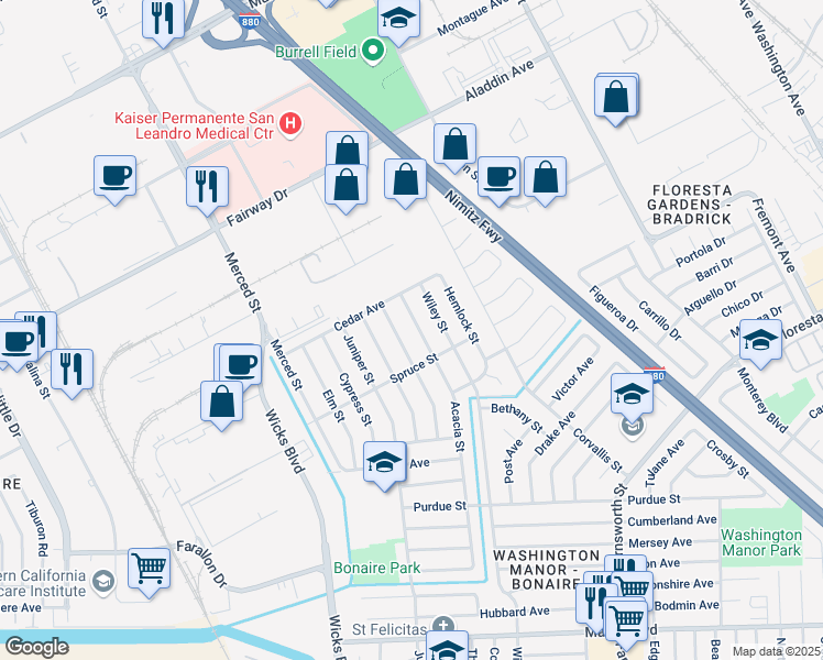 map of restaurants, bars, coffee shops, grocery stores, and more near 14369 Acacia Street in San Leandro