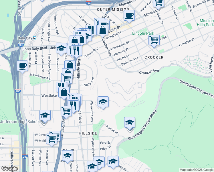 map of restaurants, bars, coffee shops, grocery stores, and more near in Daly City