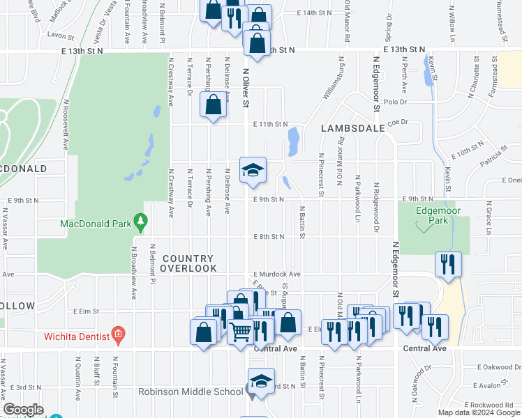 map of restaurants, bars, coffee shops, grocery stores, and more near 1002 Oliver in Wichita