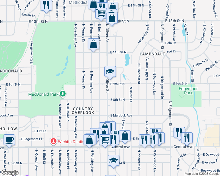 map of restaurants, bars, coffee shops, grocery stores, and more near 1002 Oliver in Wichita