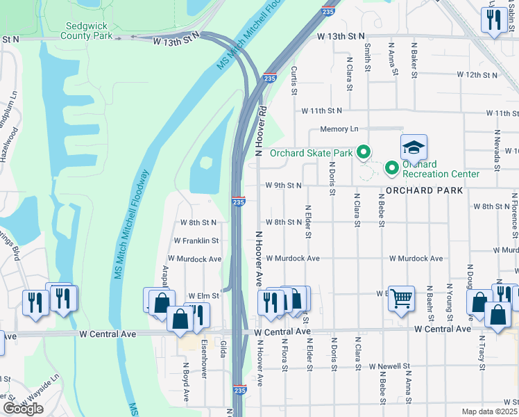 map of restaurants, bars, coffee shops, grocery stores, and more near 915 North Hoover Road in Wichita