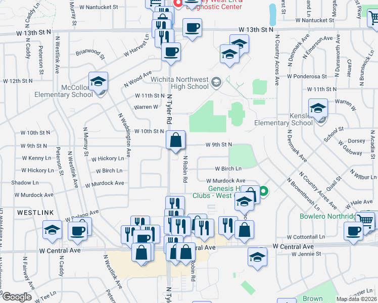 map of restaurants, bars, coffee shops, grocery stores, and more near 1001 North Robin Road in Wichita