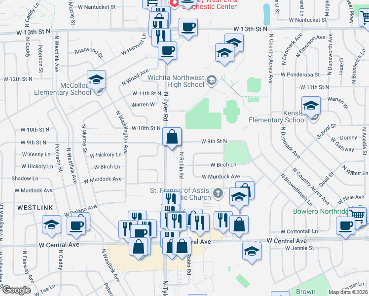 map of restaurants, bars, coffee shops, grocery stores, and more near 1001 North Robin Road in Wichita