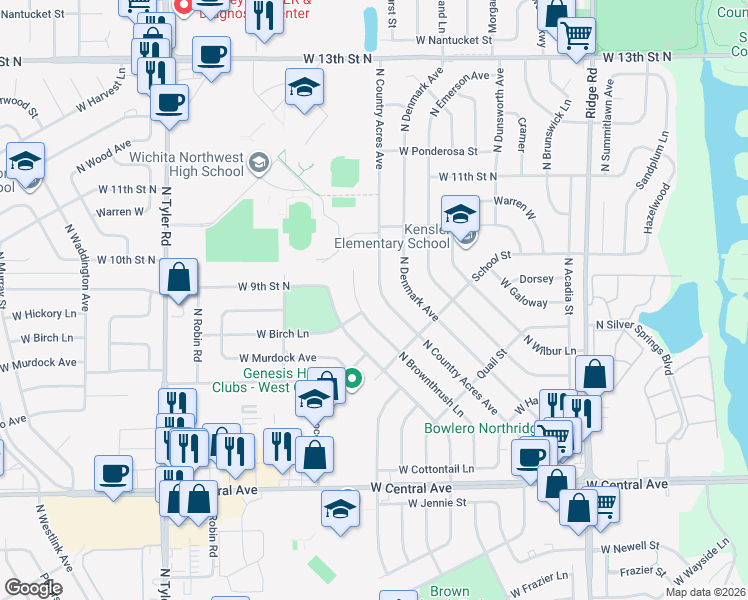 map of restaurants, bars, coffee shops, grocery stores, and more near 993 North Country Acres Avenue in Wichita