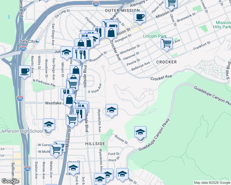 map of restaurants, bars, coffee shops, grocery stores, and more near 383 Green Ridge Drive in Daly City
