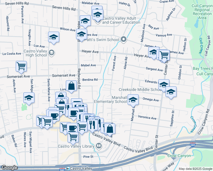 map of restaurants, bars, coffee shops, grocery stores, and more near 19901 Forest Avenue in Castro Valley