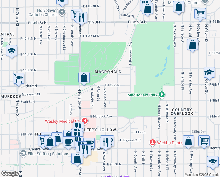 map of restaurants, bars, coffee shops, grocery stores, and more near 3421 East 9th Street North in Wichita