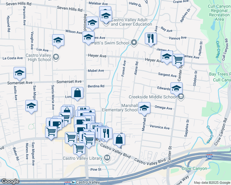 map of restaurants, bars, coffee shops, grocery stores, and more near 19901 Forest Avenue in Castro Valley
