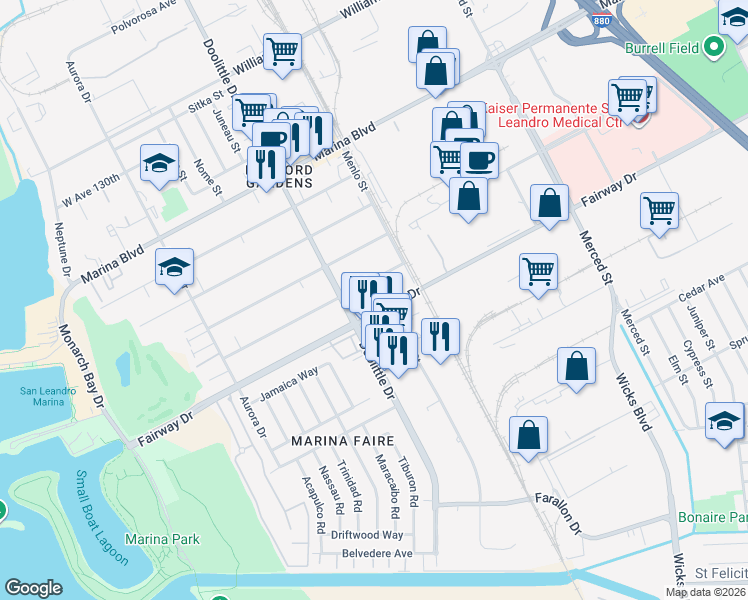 map of restaurants, bars, coffee shops, grocery stores, and more near 2127 Fairway Drive in San Leandro
