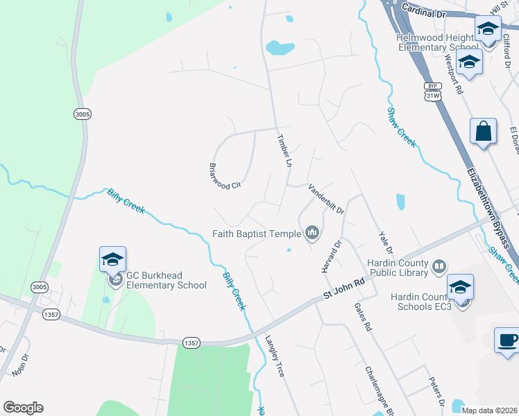 map of restaurants, bars, coffee shops, grocery stores, and more near 733 Timber Lane in Elizabethtown