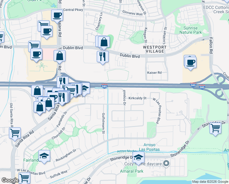 map of restaurants, bars, coffee shops, grocery stores, and more near 3745 Crofters Court in Pleasanton