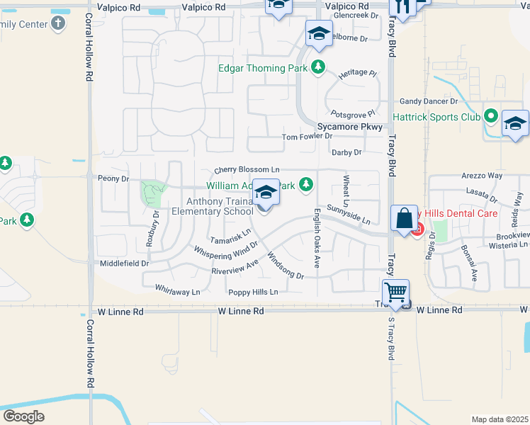 map of restaurants, bars, coffee shops, grocery stores, and more near 4256 Windsong Drive in Tracy