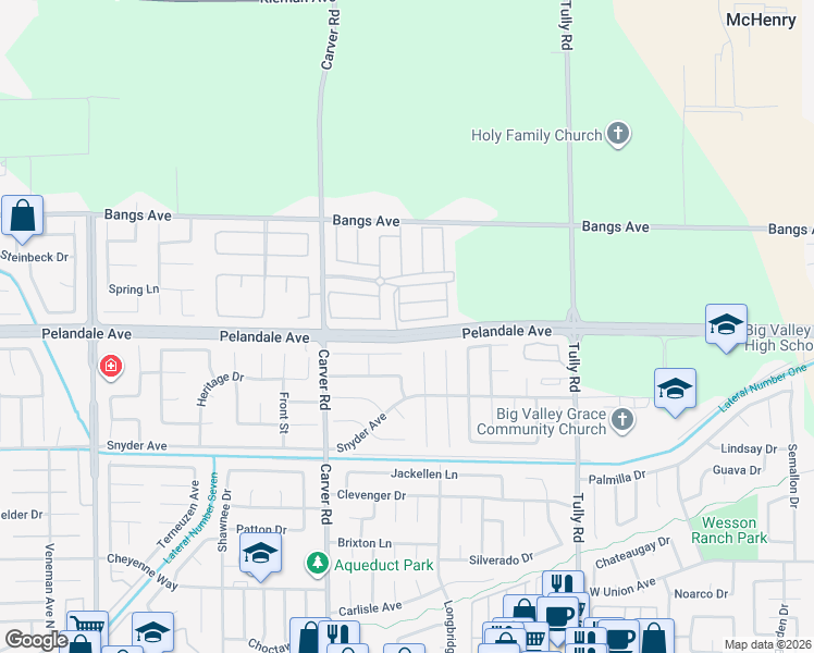 map of restaurants, bars, coffee shops, grocery stores, and more near Pelandale Avenue in Modesto