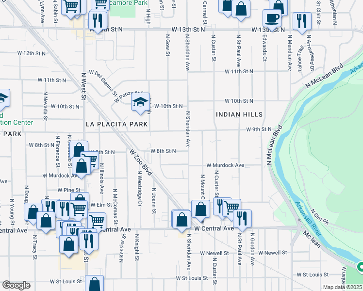 map of restaurants, bars, coffee shops, grocery stores, and more near 905 North Sheridan Street in Wichita