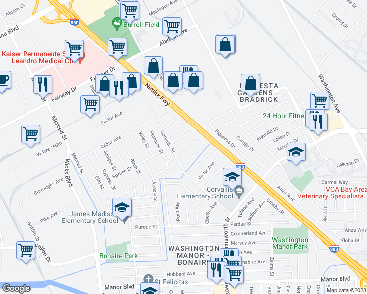 map of restaurants, bars, coffee shops, grocery stores, and more near 1229 Ottawa Avenue in San Leandro