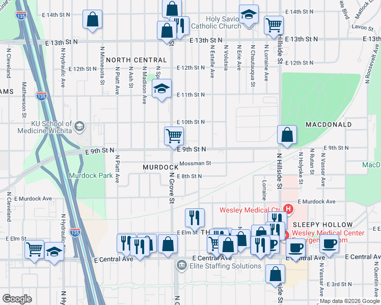 map of restaurants, bars, coffee shops, grocery stores, and more near 2514 East 9th Street North in Wichita
