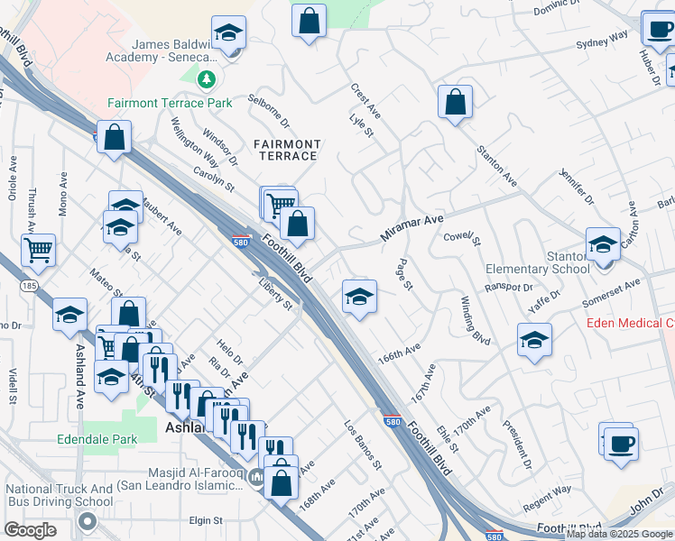map of restaurants, bars, coffee shops, grocery stores, and more near in San Leandro