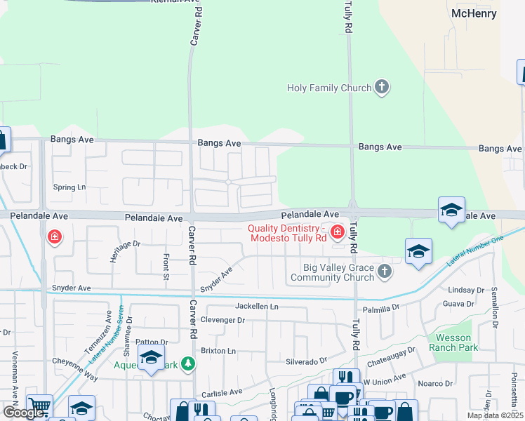 map of restaurants, bars, coffee shops, grocery stores, and more near Pelandale Avenue in Modesto
