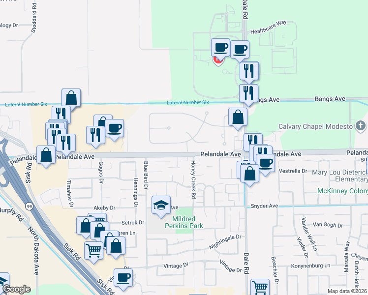 map of restaurants, bars, coffee shops, grocery stores, and more near 3313 Printemps Drive in Modesto