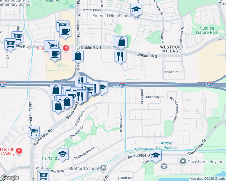 map of restaurants, bars, coffee shops, grocery stores, and more near 3966 Pimlico Drive in Pleasanton