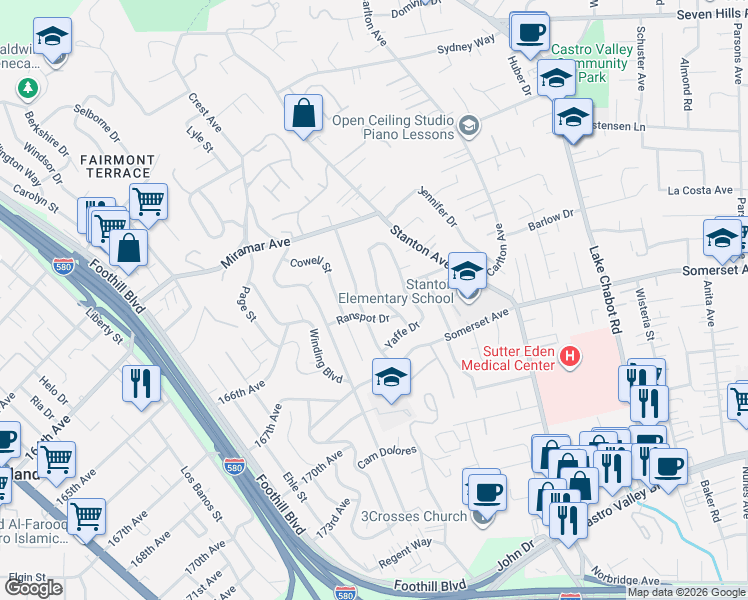 map of restaurants, bars, coffee shops, grocery stores, and more near 16648 Selby Drive in San Leandro