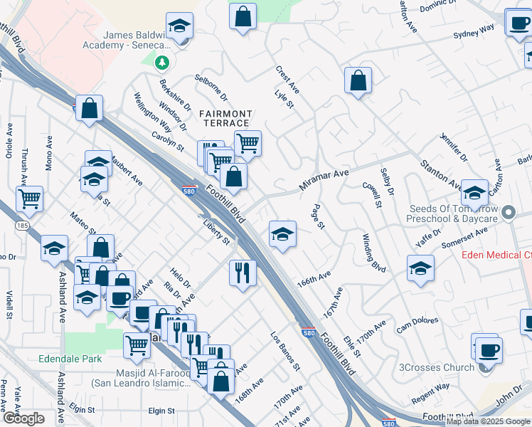 map of restaurants, bars, coffee shops, grocery stores, and more near in Castro Valley