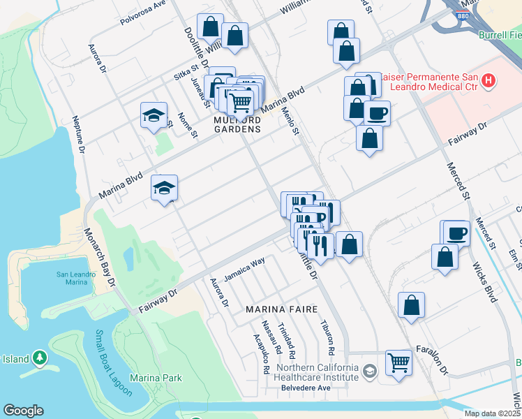 map of restaurants, bars, coffee shops, grocery stores, and more near 13545 Doolittle Drive in San Leandro