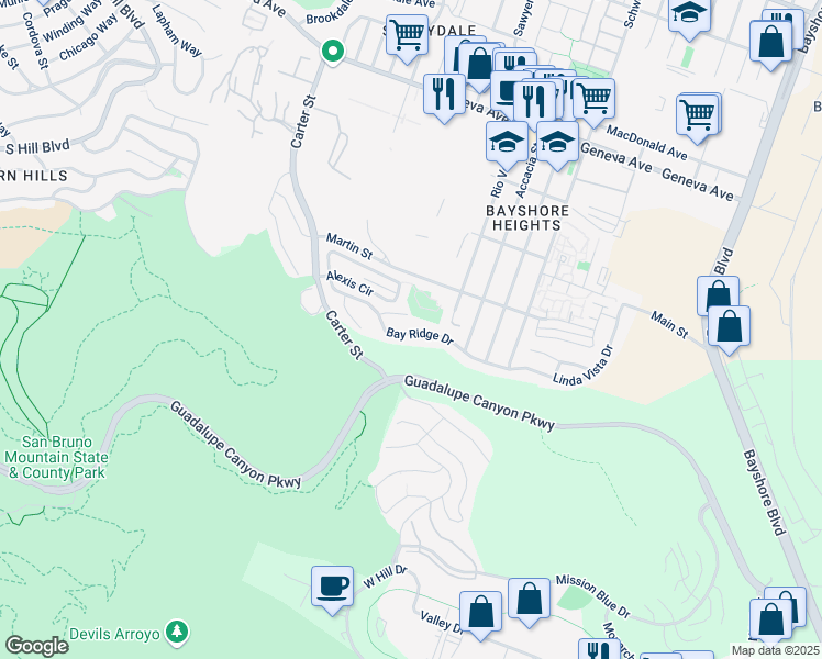 map of restaurants, bars, coffee shops, grocery stores, and more near 292 Bay Ridge Drive in Daly City