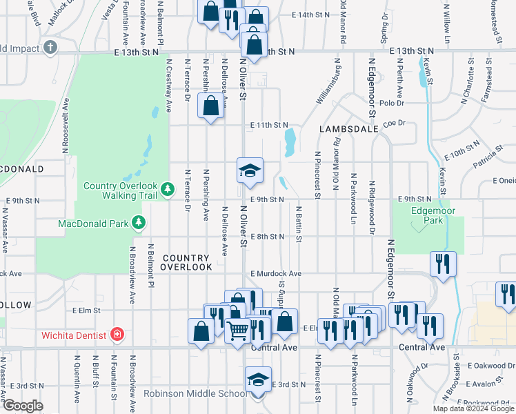 map of restaurants, bars, coffee shops, grocery stores, and more near 1002 Oliver in Wichita