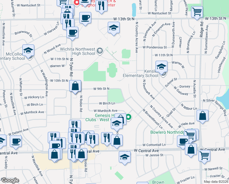 map of restaurants, bars, coffee shops, grocery stores, and more near in Wichita