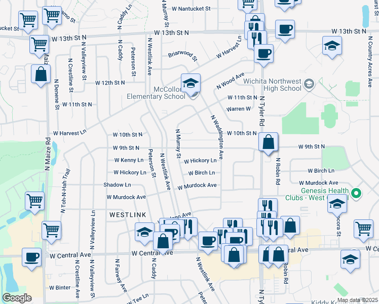 map of restaurants, bars, coffee shops, grocery stores, and more near 9318 W 9th St N in Wichita